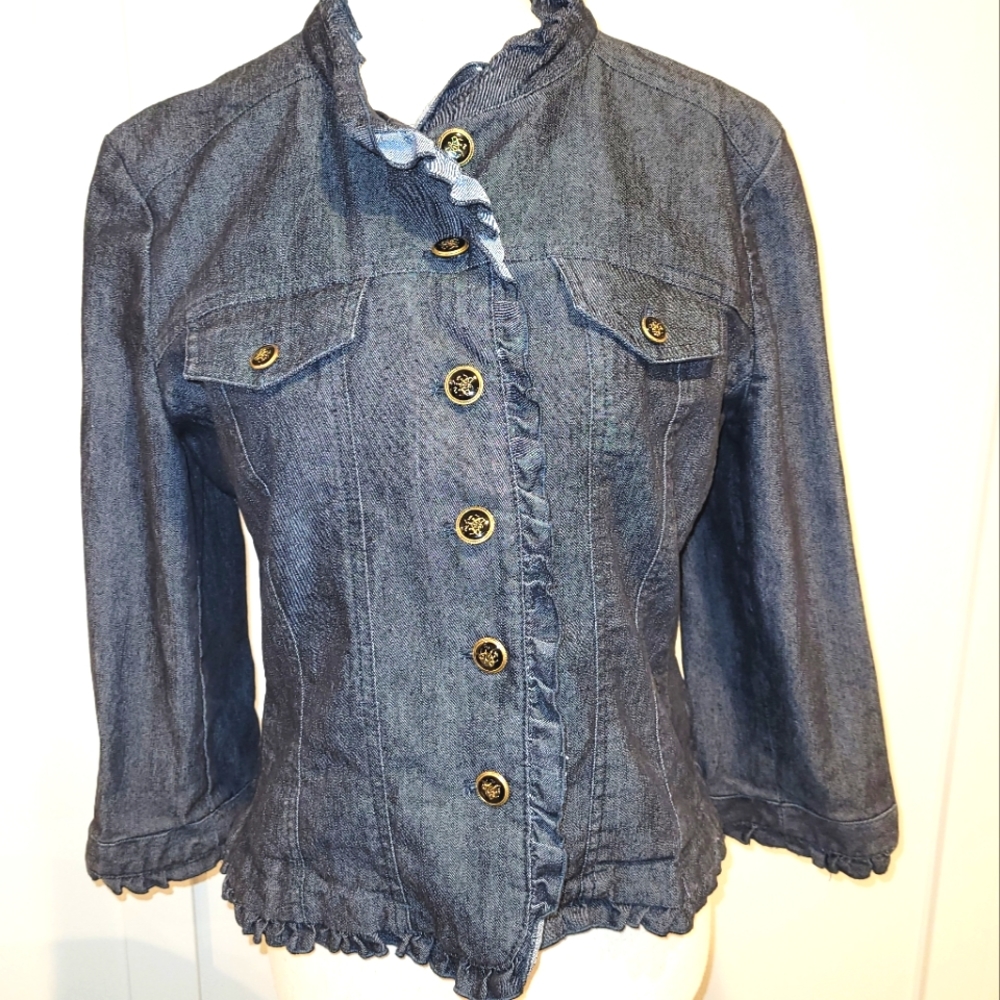 DARK DENIM JACKET W/RUFFLE TRIM - M